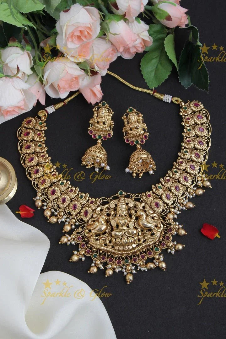 Gold Alike Peacock Lakshmi Short Necklace with Green beads - Pink Green - Sparkle and Glow