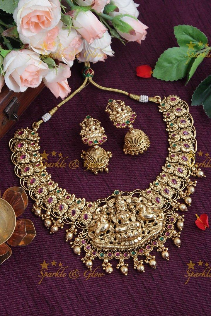 Gold Alike Peacock Lakshmi Short Necklace with Green beads - Pink Green - Sparkle and Glow