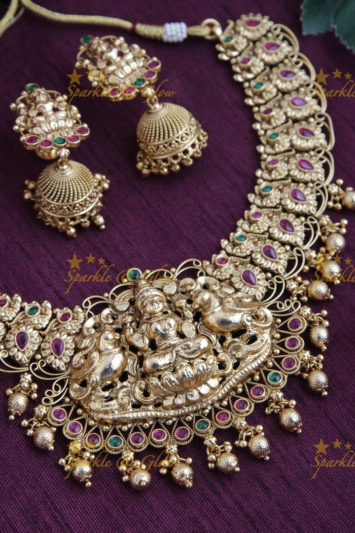 Gold Alike Peacock Lakshmi Short Necklace with Green beads - Pink Green - Sparkle and Glow - Pink Green - Green - Back Thread