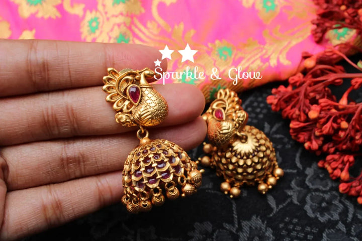 Antique Peacock Kemp Jhumka Earrings