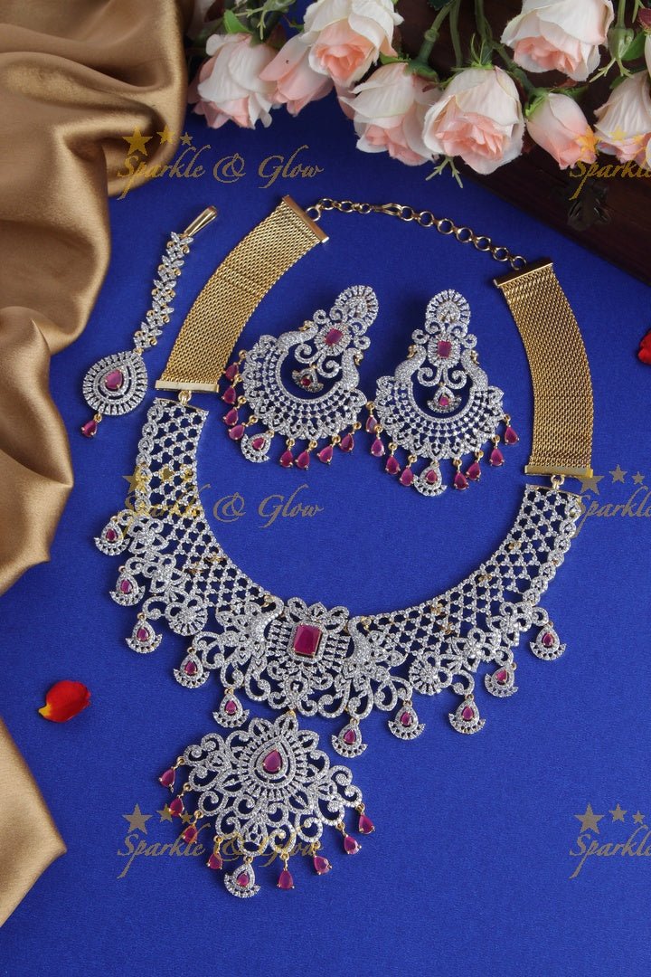 Peacock GJ Polish Necklace with Heavy Chandbalis - Pink - Sparkle and Glow - Pink - Back Thread