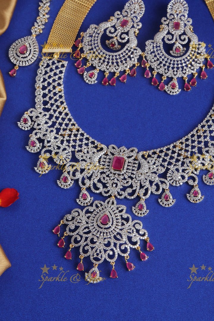 Peacock GJ Polish Necklace with Heavy Chandbalis - Pink - Sparkle and Glow - Pink - Back Thread