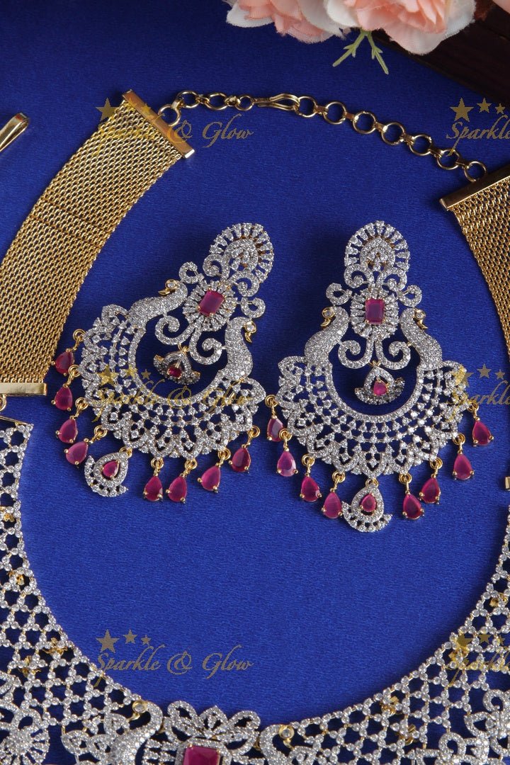 Peacock GJ Polish Necklace with Heavy Chandbalis - Pink - Sparkle and Glow - Pink - Back Thread