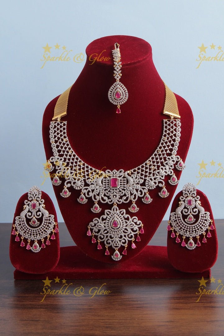 Peacock GJ Polish Necklace with Heavy Chandbalis - Pink - Sparkle and Glow - Pink - Back Thread