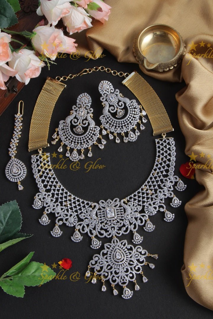 Peacock GJ Polish Necklace with Heavy Chandbalis - Pink - Sparkle and Glow - White - Back Thread