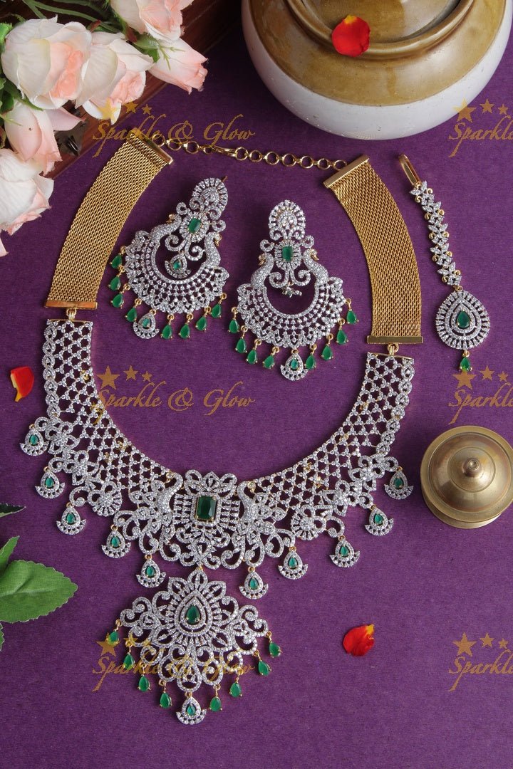 Peacock GJ Polish Necklace with Heavy Chandbalis - Pink - Sparkle and Glow - Green - Back Chain