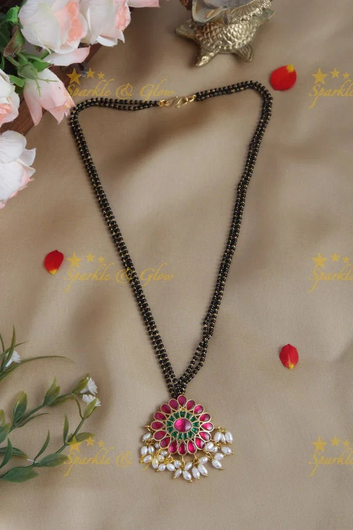 Gold Alike black beads chain with Floral Pendent with Pearls - Multi - Sparkle and Glow