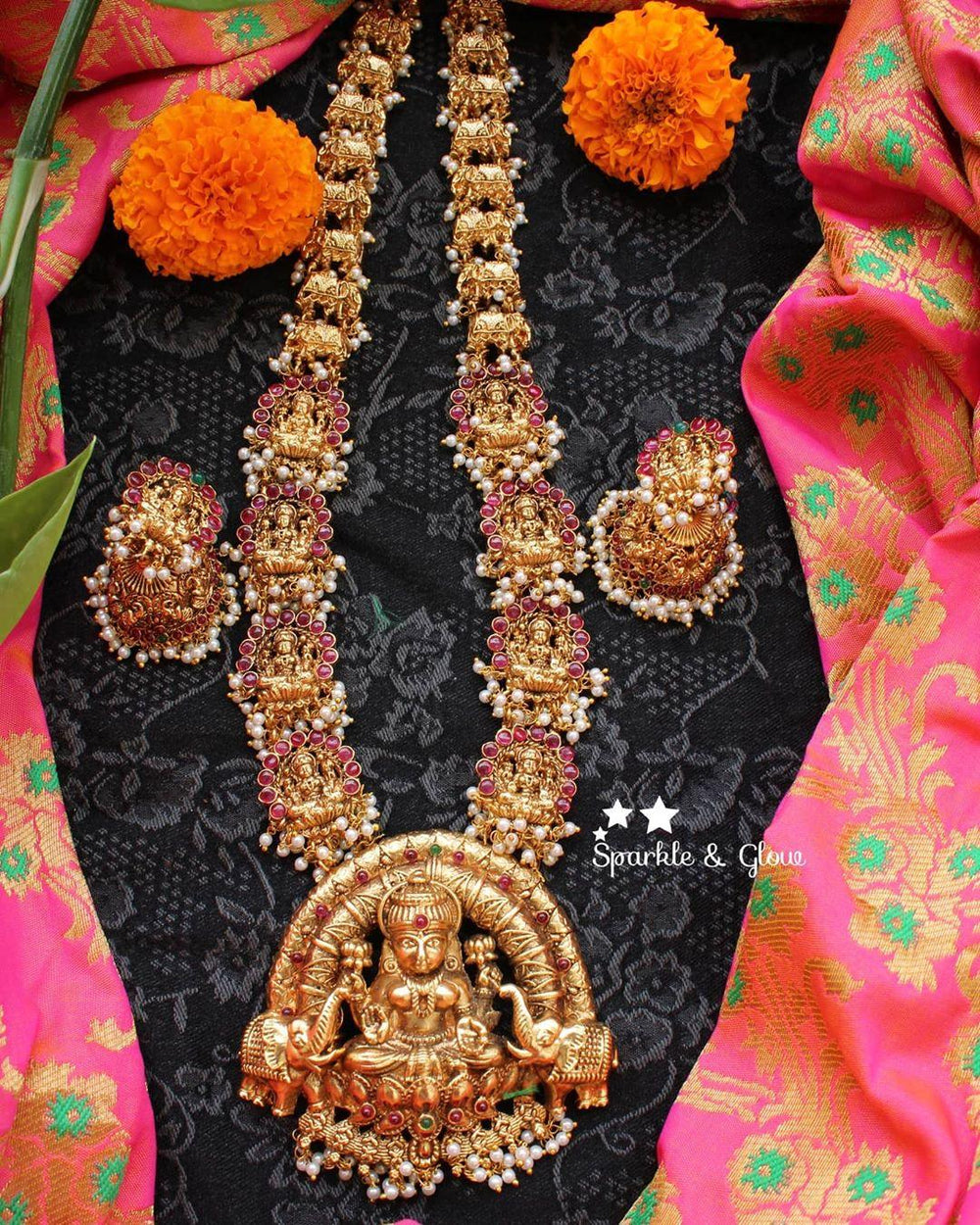 Gold alike Lakshmi haram crafted with kemp stones and carved with elephants - Gold - Sparkle and Glow
