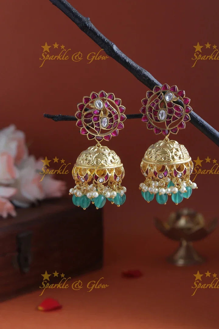 Kemp Stone Peacock Jhumkas with Green beads - Sparkle and Glow