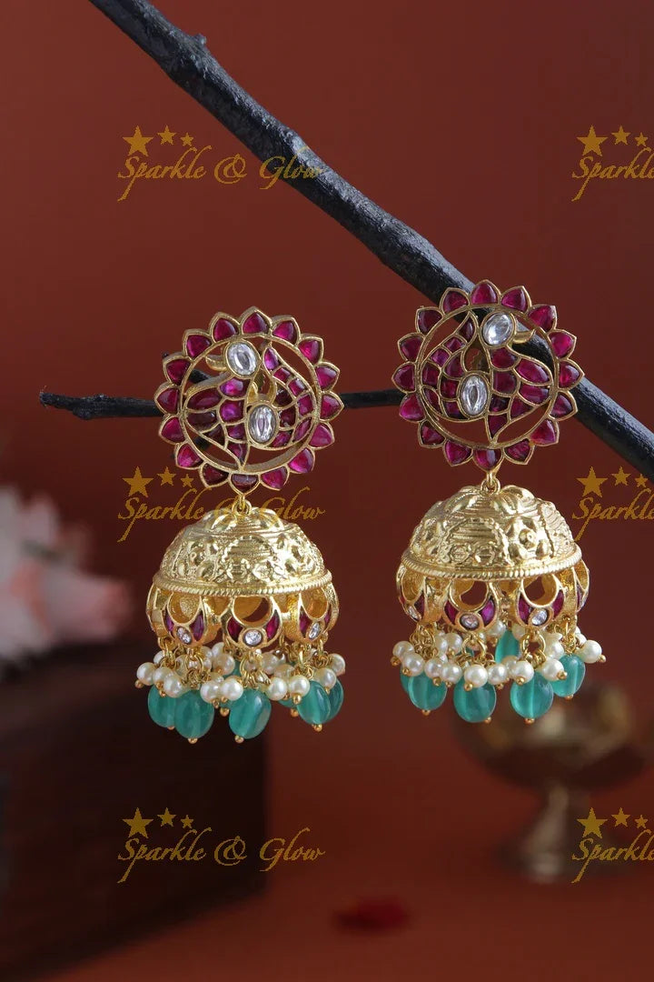Kemp Stone Peacock Jhumkas with Green beads - Sparkle and Glow