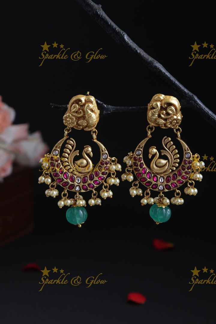 Intricately Carved Peacock Chandbalis with Green beads