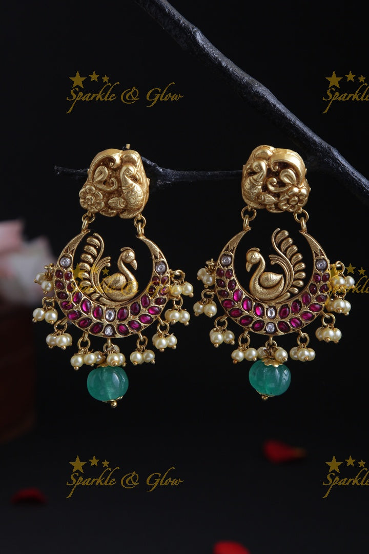 Intricately Carved Peacock Chandbalis with Green beads
