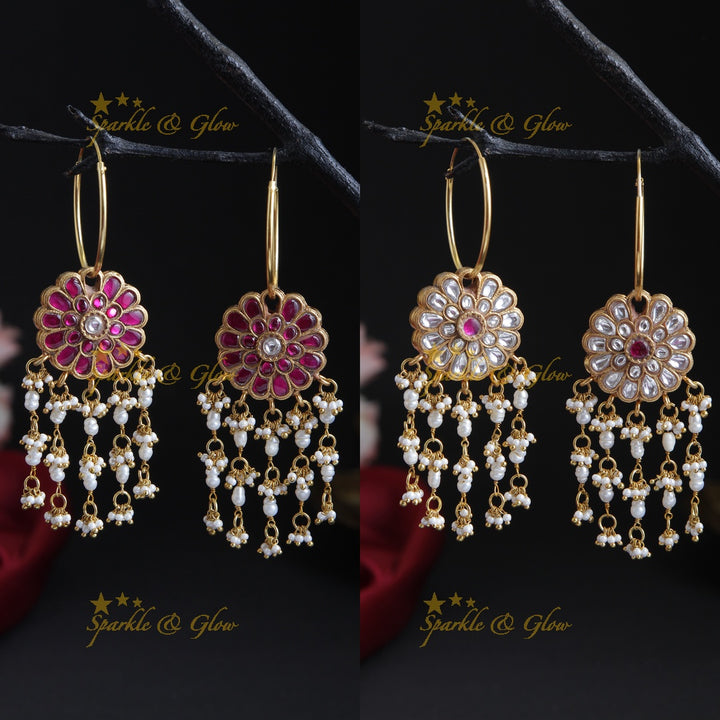 Beautiful Floral two sided jadau Three Layered Pearls Jhumkas