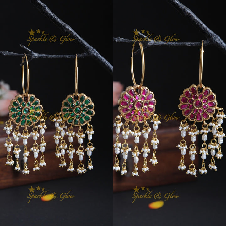 Beautiful Floral two sided jadau Three Layered Pearls Jhumkas
