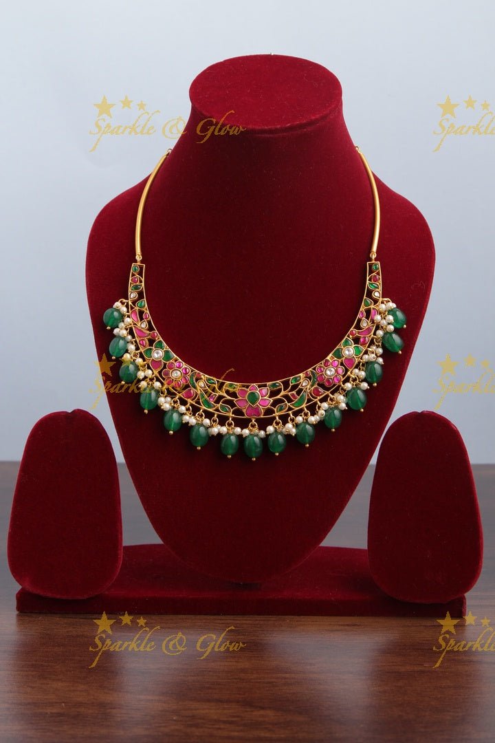 Beautiful Floral Peacock Choker with Green beads and pearls - Sparkle and Glow - Green - Back Thread