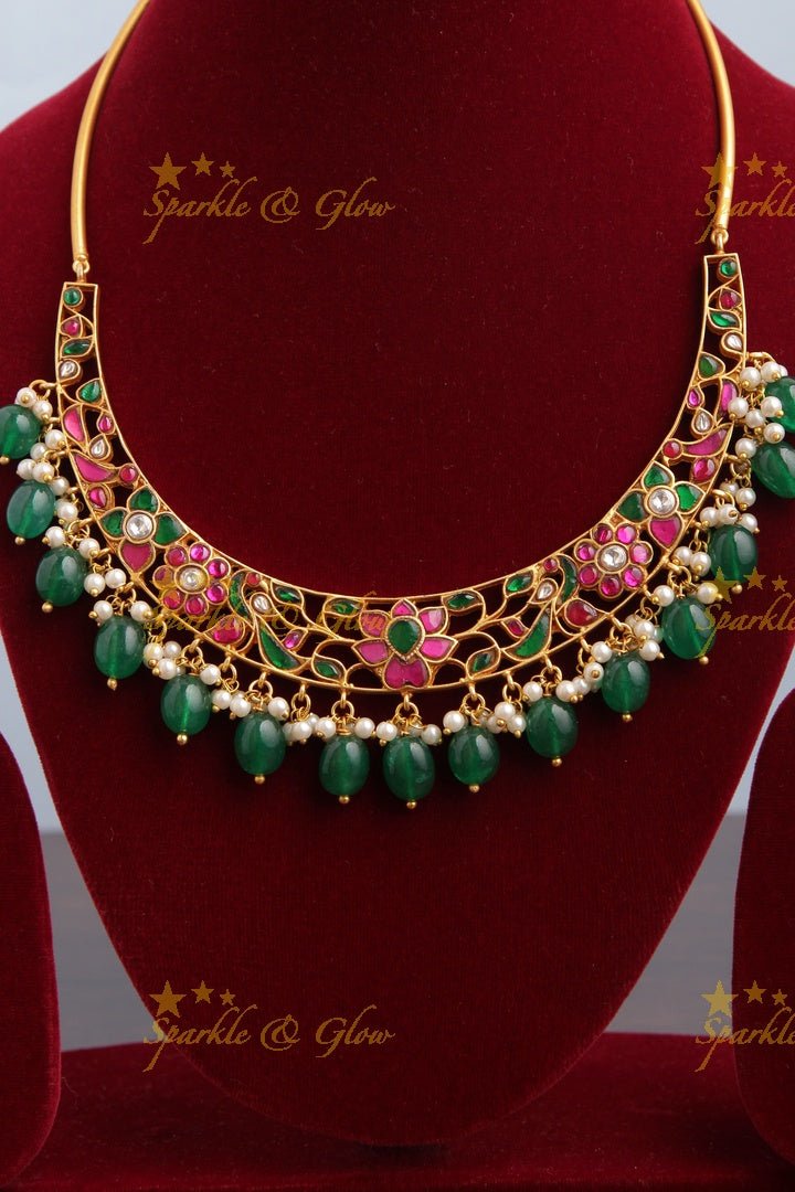 Beautiful Floral Peacock Choker with Green beads and pearls - Sparkle and Glow - Green - Back Thread