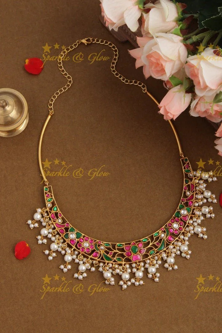 Beautiful Floral Peacock Choker with Green beads and pearls - Sparkle and Glow