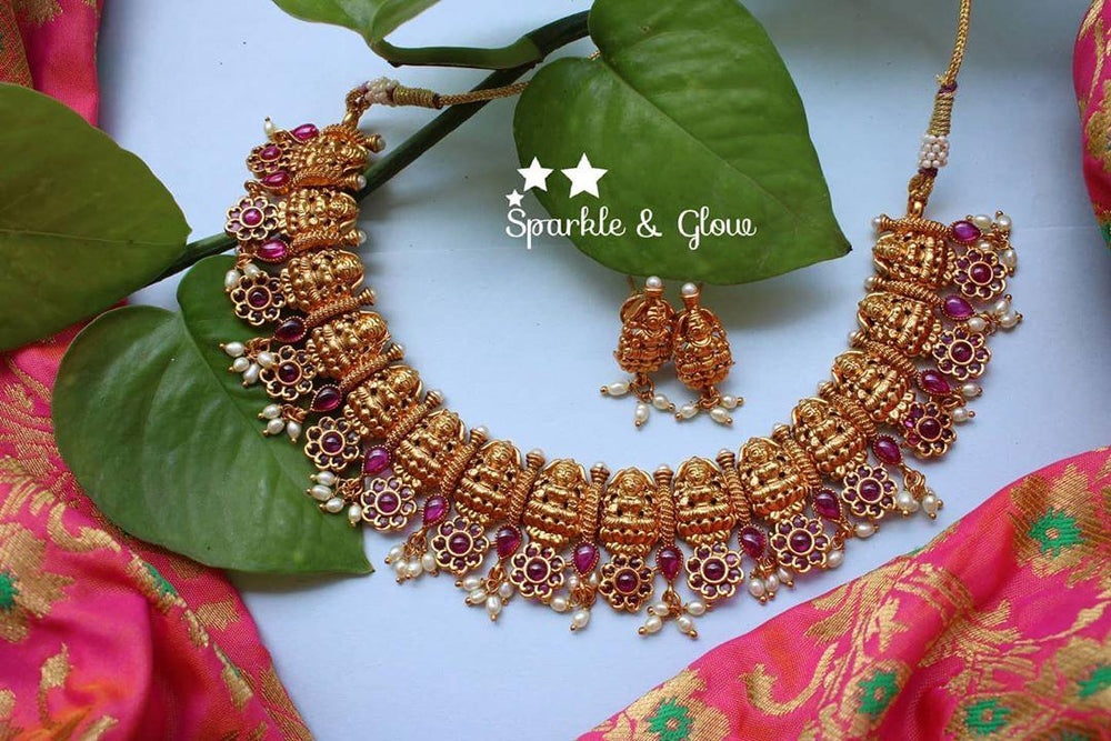 Matte Lakshmi necklace with kemp stones - Multi - Sparkle and Glow