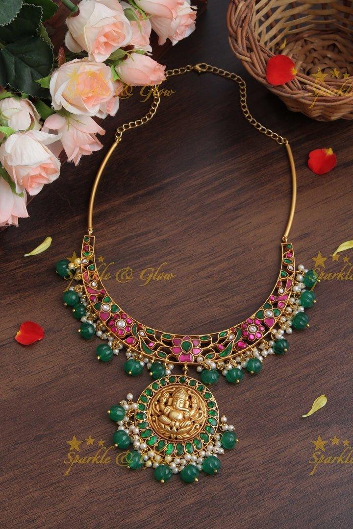 Beautiful Floral Peacock Choker with pearls and Ganesh Pendent - Pearls - Sparkle and Glow