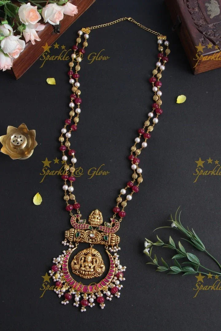 Excluisive Red and White beads chain with Half Moon Lakshmi Pendent - Sparkle and Glow