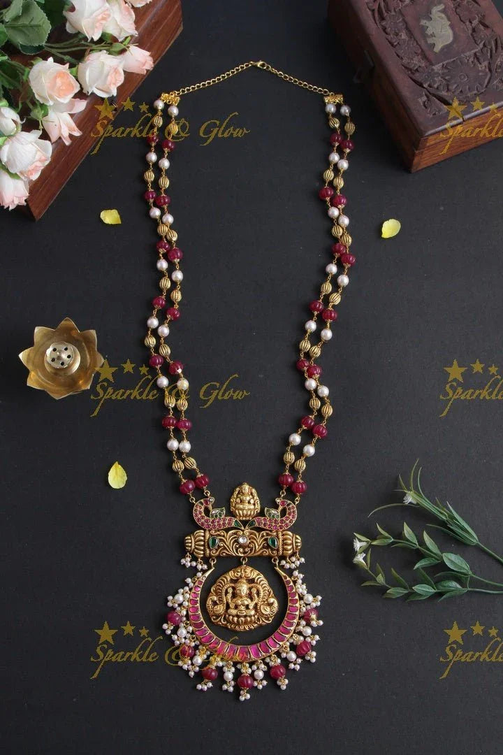 Excluisive Red and White beads chain with Half Moon Lakshmi Pendent - Sparkle and Glow