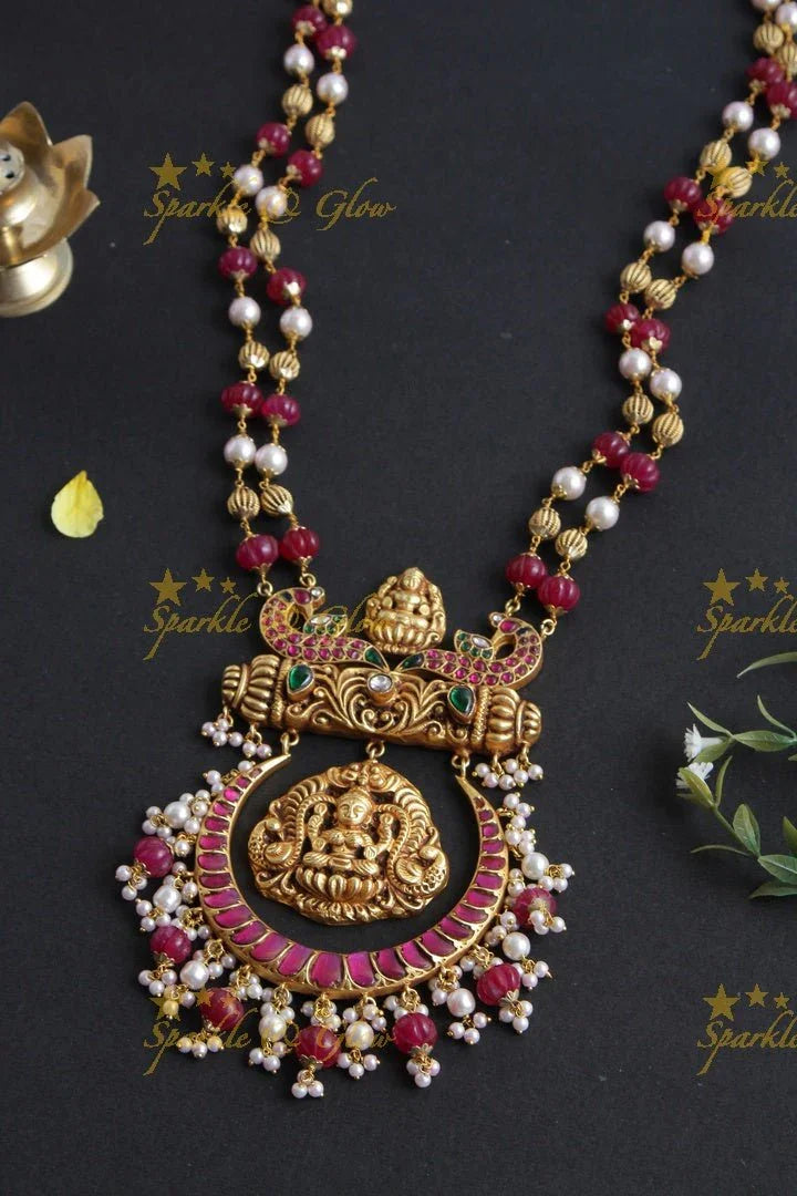 Excluisive Red and White beads chain with Half Moon Lakshmi Pendent - Sparkle and Glow