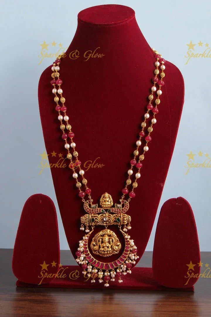 Excluisive Red and White beads chain with Half Moon Lakshmi Pendent - Sparkle and Glow