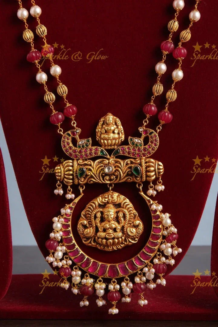 Excluisive Red and White beads chain with Half Moon Lakshmi Pendent - Sparkle and Glow