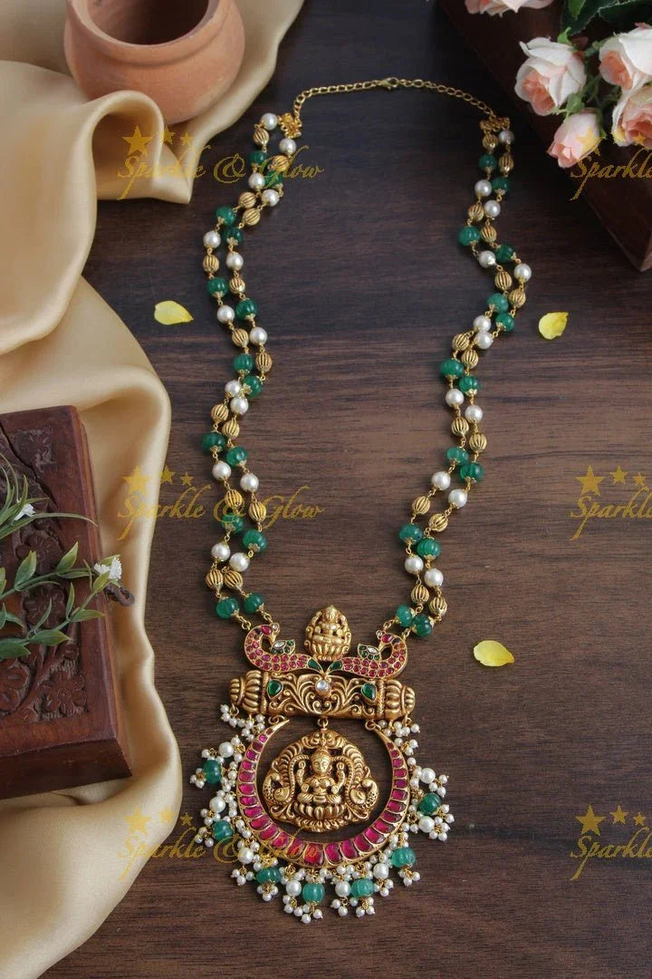 Excluisive Red and White beads chain with Half Moon Lakshmi Pendent - Sparkle and Glow