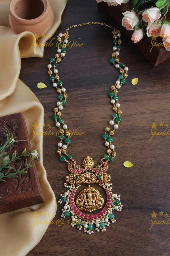 Excluisive Red and White beads chain with Half Moon Lakshmi Pendent - Sparkle and Glow