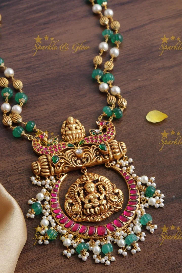 Excluisive Red and White beads chain with Half Moon Lakshmi Pendent - Sparkle and Glow