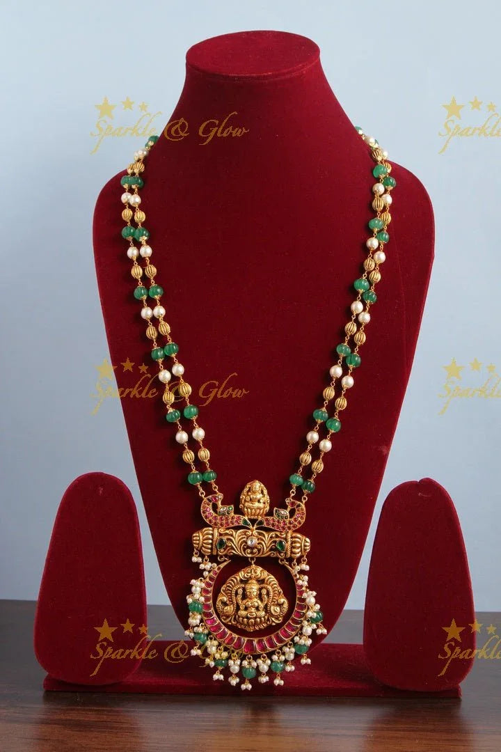 Excluisive Red and White beads chain with Half Moon Lakshmi Pendent - Sparkle and Glow