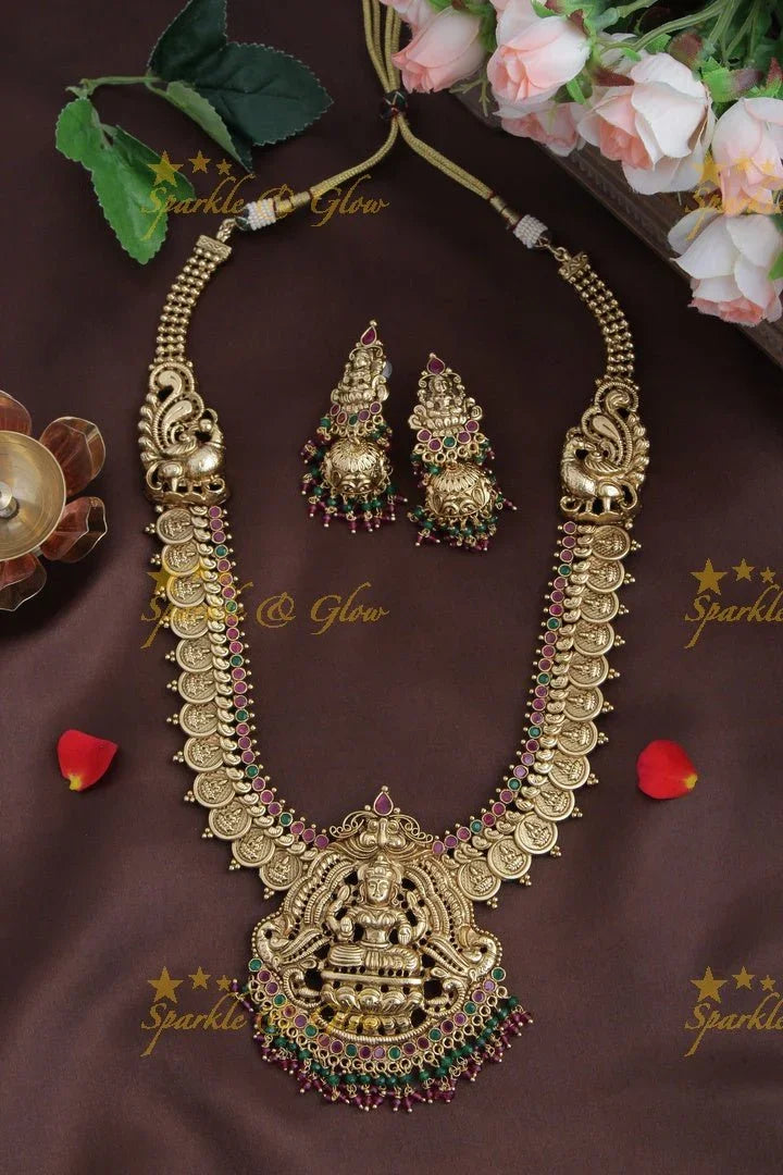 Gold like coin lakshmi haram with kemp stones - Sparkle and Glow