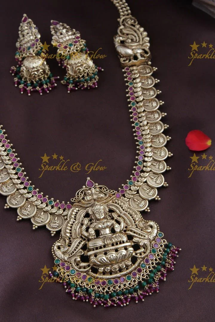 Gold like coin lakshmi haram with kemp stones - Sparkle and Glow