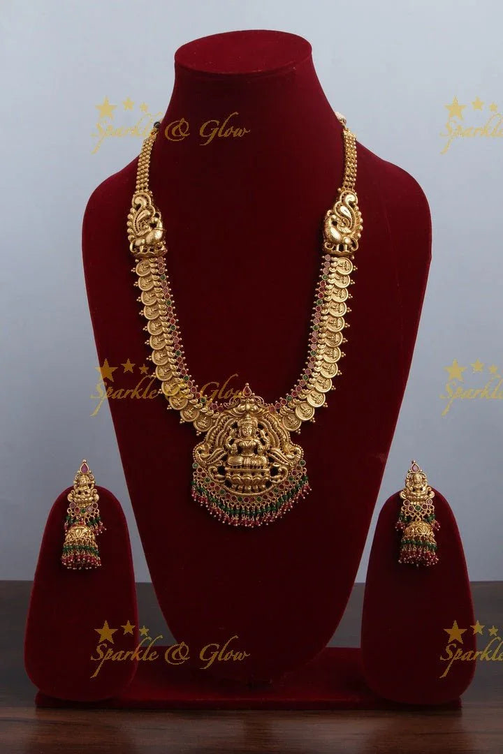 Gold like coin lakshmi haram with kemp stones - Sparkle and Glow