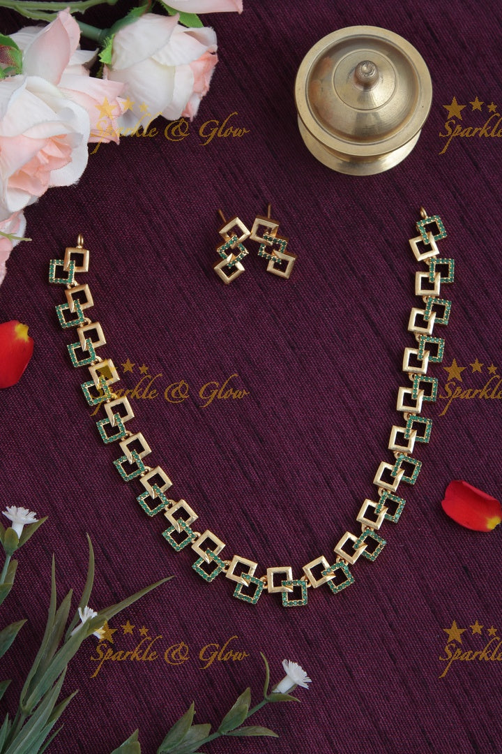 Premium Matte statement American Diamond box design necklace - Gold Pink