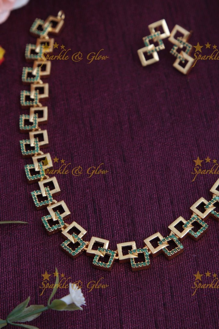Premium Matte statement American Diamond box design necklace - Sparkle and Glow - Back Thread - 