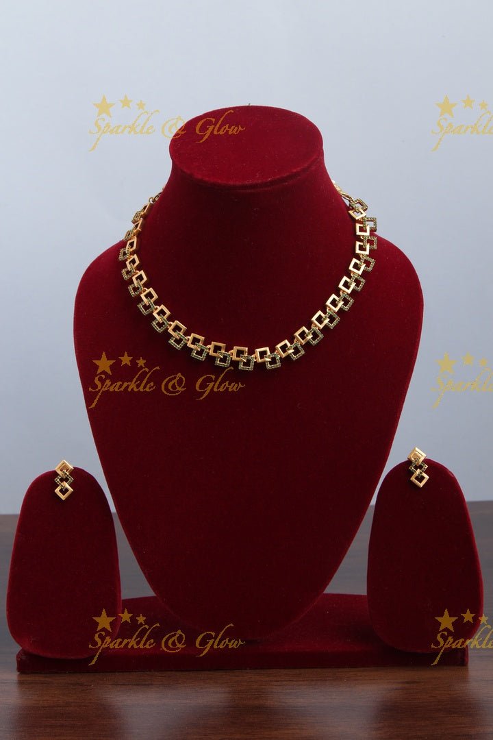 Premium Matte statement American Diamond box design necklace - Sparkle and Glow - Back Thread - 