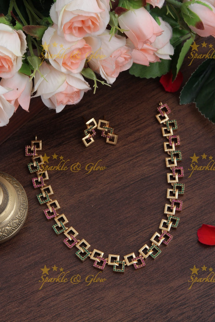 Premium Matte statement American Diamond box design necklace - Gold Pink