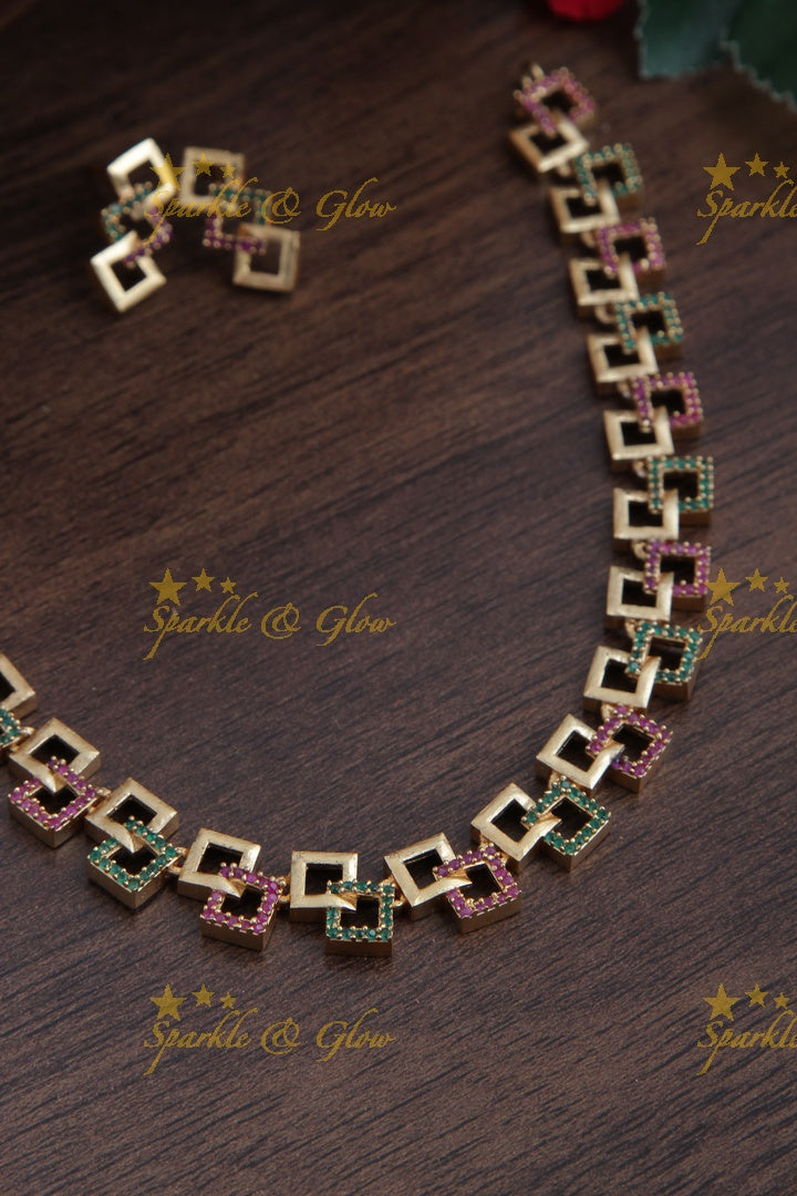 Premium Matte statement American Diamond box design necklace - Gold Pink Green