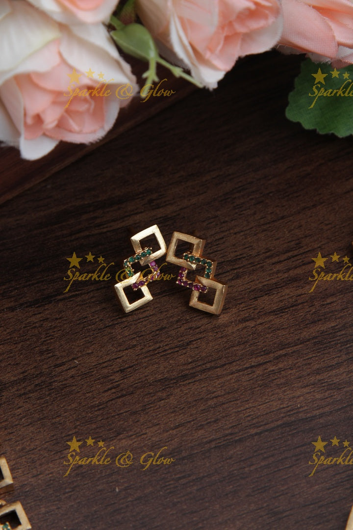 Premium Matte statement American Diamond box design necklace - Gold Pink Green