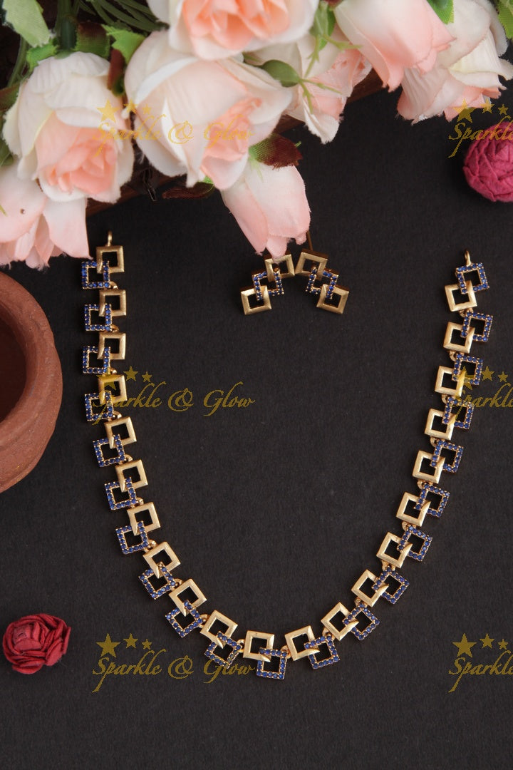 Premium Matte statement American Diamond box design necklace - Blue