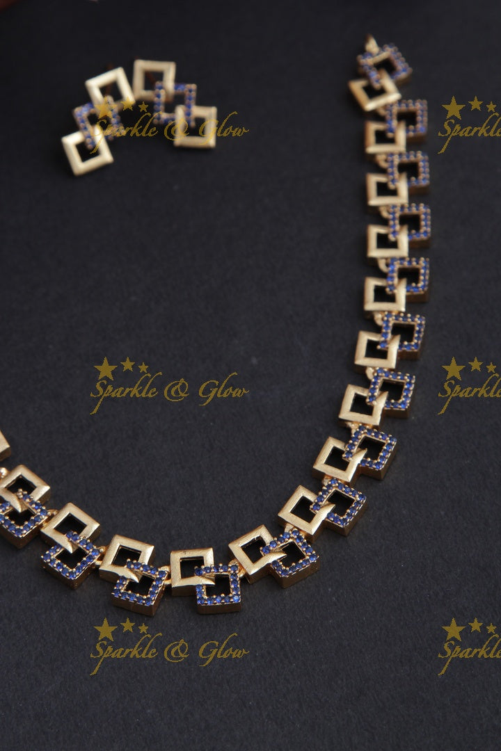 Premium Matte statement American Diamond box design necklace - Blue