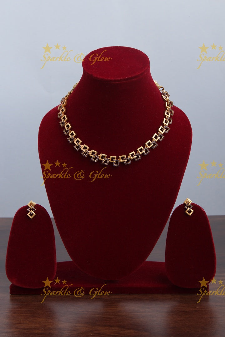 Premium Matte statement American Diamond box design necklace - Blue