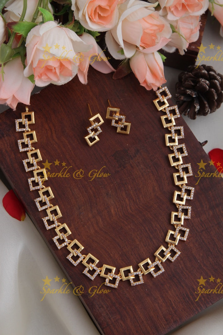 Premium Matte statement American Diamond box design necklace - Blue