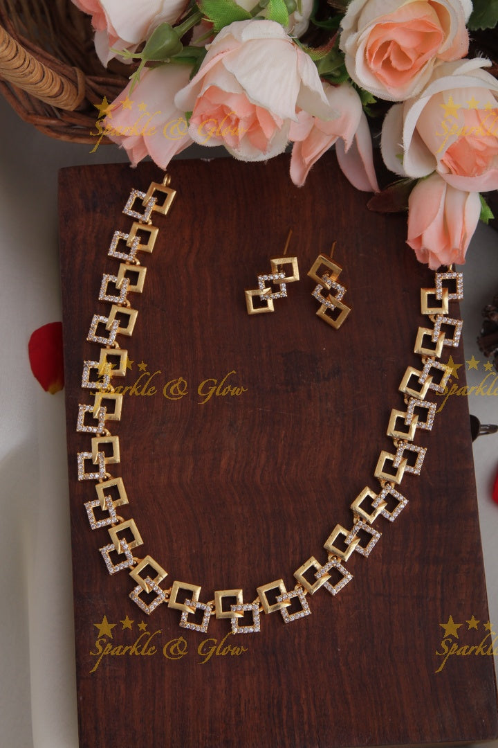 Premium Matte statement American Diamond box design necklace - Gold White