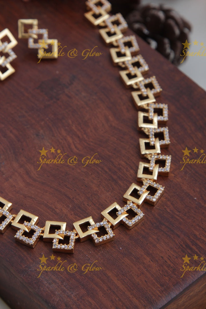 Premium Matte statement American Diamond box design necklace - Gold White