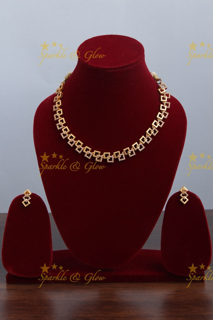 Premium Matte statement American Diamond box design necklace - Gold White