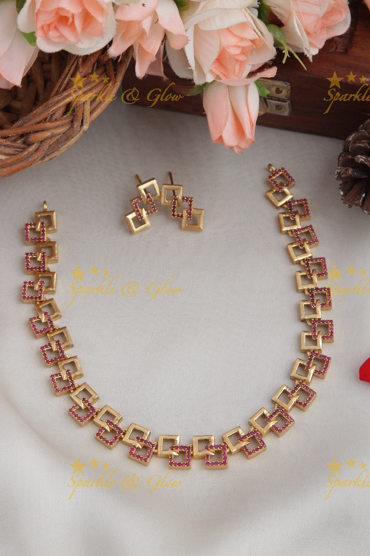 Premium Matte statement American Diamond box design necklace - Gold Pink Green