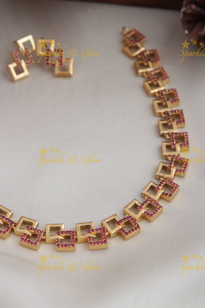 Premium Matte statement American Diamond box design necklace - Gold Pink